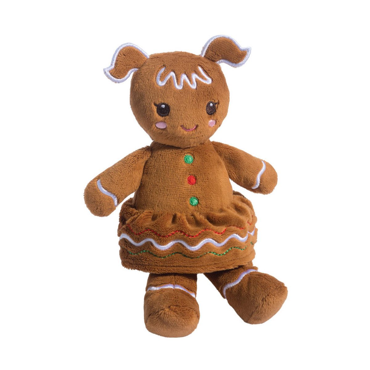 Das ist ein Lebkuchenmädchen von Douglas Cuddle Toys. Stehende Figur mit kurzem, dichtem braunem Fell und rosa gestickten Wangen. Am Kopf zwei wellige, ohrenartige Fortsätze mit weißer Paspel, auf der Stirn weiße Zuckerguss-Stickerei. Runde dunkelbraune Augen mit weißen Glanzpunkten, keine Nase, ein kleines rosa gesticktes Lächeln. Rüschenrock mit welligem Stickrand, drei runde Knöpfe in Grün und Rot, kurze gerade Arme und Beine, fröhlicher Ausdruck.