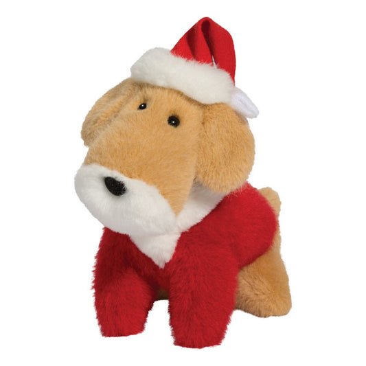 Das ist ein Weihnachtsmann-Hund von Douglas Cuddle Toys. Kleiner stehender Hund mit mittellangem, glattem, leicht glänzendem Fell in Beige und Weiß. Kopf, Ohren, Rücken und Hinterbeine sind beige, Schnauze, Brust und Kehle weiß. Die Augen sind klein und schwarz, die Nase schwarz und oval. Die Vorderbeine stecken in einem roten Pullover, die hinteren Pfoten sind beige. Dazu eine rote Weihnachtsmütze mit weißem Rand; die Haltung ist aufrecht, der Ausdruck sanft und neugierig.
