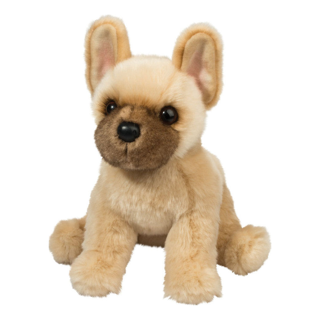 This is Napoleon by Douglas Cuddle Toys. Small sitting dog with short, dense, slightly glossy fur. Fur colours are beige over most of the body with a brown facial mask concentrated on the muzzle and around the eyes and small beige tail; inner ears are a lighter beige with a faint pinkish tone, the tummy matches the beige fur, and the paws are beige. Eyes are dark brown and round, the nose is black and rounded, and the muzzle is distinctly brown. There are no visible paw pads or separate markings beyond...