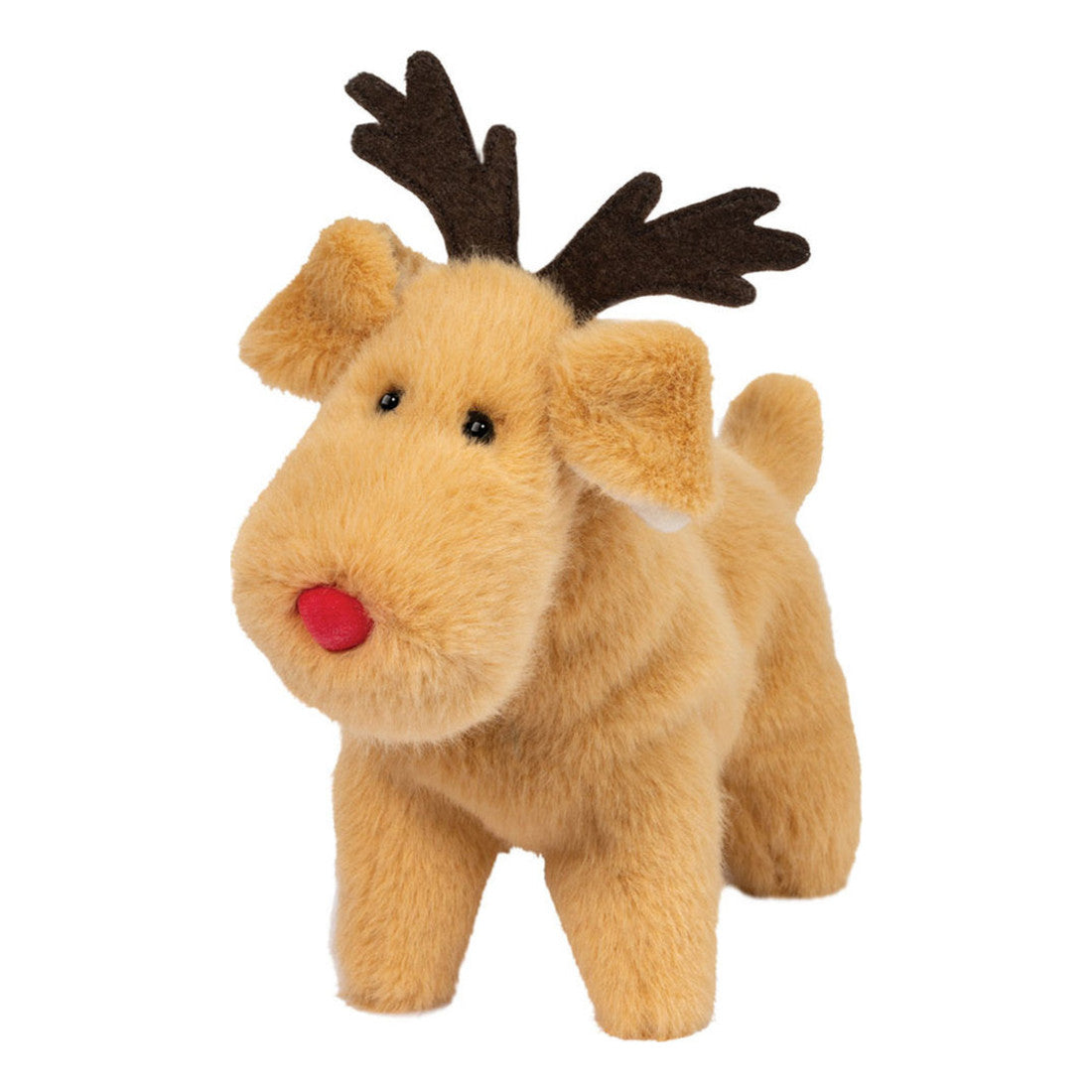 Das ist ein Rentierhund von Douglas Cuddle Toys. Das Fell ist beige, kurz bis mittellang, glatt und leicht glänzend. Die runde Schnauze ist beige und trägt eine kleine runde rote Nase, die Augen sind klein und schwarz. Die beigen Schlappohren sind an den Spitzen abgerundet, die Ohreninnenseiten heller. Beine und Pfoten sind beige, der Schwanz ist kurz. Auf dem Kopf sitzen zwei flache, dunkelbraune Geweihstangen. Der Hund steht fest auf allen vier Beinen, sein Ausdruck wirkt sanft und neugierig.