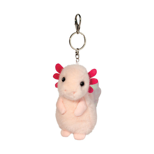 Das ist ein Axolotl von Douglas Cuddle Toys. Das Fell ist blassrosa und weiß, sehr kurz, glatt und leicht glänzend, am Schwanz mit blassgrünen und schillernden bunten Flecken. Schnauze, Bauch, Pfoten und Pfotenballen sind im selben Blassrosa wie der Körper. Die äußeren Kiemen sind kräftig rosa und sitzen symmetrisch an beiden Kopfseiten. Die Augen sind schwarz und rund, die Nase blassrosa mit zwei kleinen gestickten Nasenlöchern. Der Axolotl sitzt und blickt sanft und neugierig.