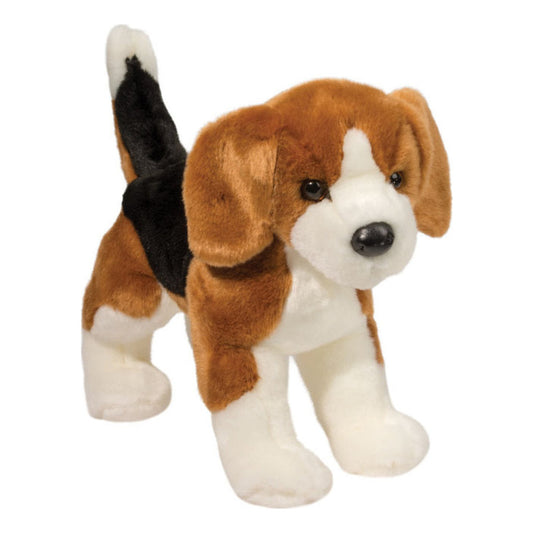 Das ist Bernie, ein Beagle von Douglas Cuddle Toys. Der dreifarbige Hund steht auf allen vieren und hat kurzes, glattes Fell mit leichtem Glanz in Braun, Schwarz und Weiß. Schnauze, Bauch und Pfoten sind weiß, die Ohreninnenseiten braun. Die Augen sind braun, die Nase schwarz und rundlich-oval. Auffällig sind eine weiße Blesse, ein schwarzer Sattel auf dem Rücken und eine weiße Schwanzspitze. Lange Schlappohren, gerader Schwanz, vier gerade Beine, sanfter Ausdruck.
