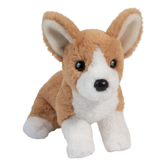 Das ist Cheekie, ein Corgi von Douglas Cuddle Toys. Der kleine Hund sitzt und hat kurzes, glattes Fell mit sanftem Schimmer: braun an Kopf, Rücken, Ohraußenseiten und Rute, weiß an Schnauze, Blesse, Ohreninnenseiten, Brust, Bauch und allen vier Pfoten. Die Pfotenballen sind weiß, die Schnauze ist rund, die Augen sind schwarz und rund, die Nase ist schwarz und oval. Dazu kommen weiße Söckchen. Sein Blick wirkt wach und neugierig.