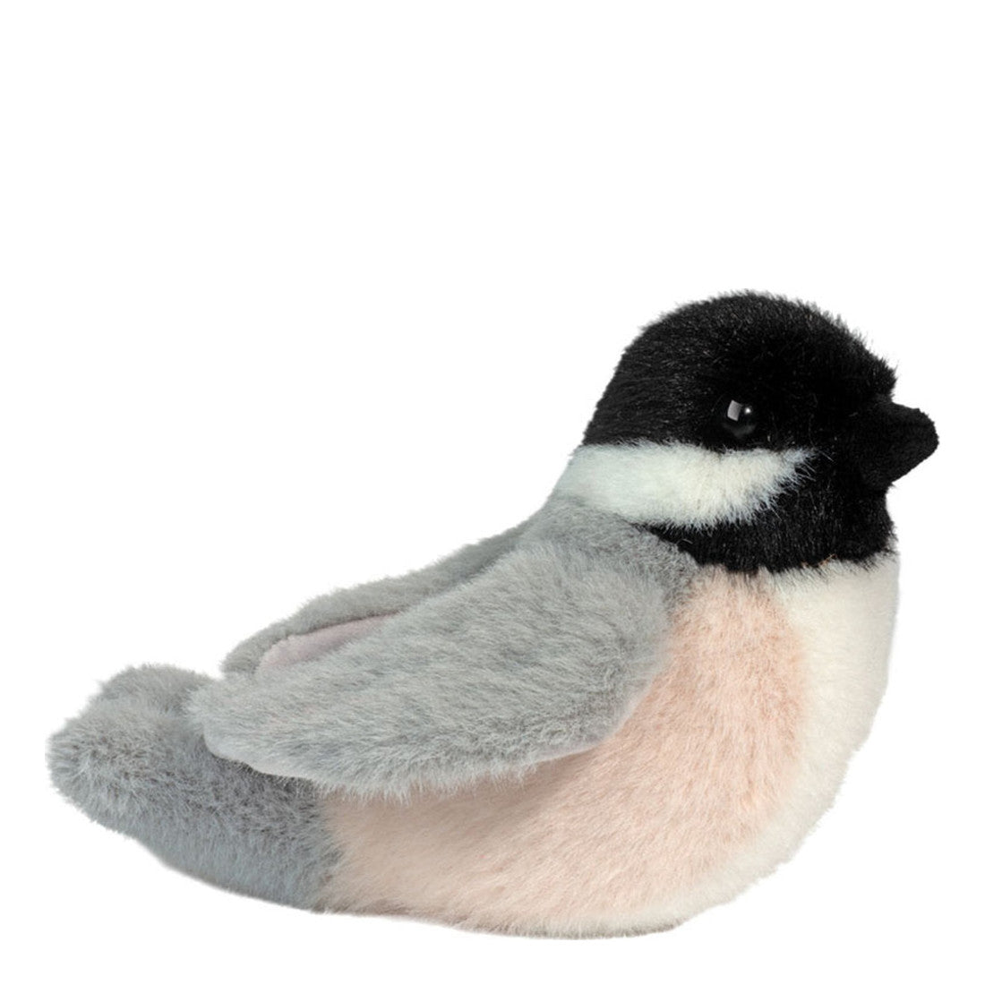 This is Chipper Chickadee by Douglas Cuddle Toys. Small bird plush with short to medium, smooth fur showing a soft sheen and no curl. Fur colours are black on the head and cap, gray on the back, wings and tail, white on the throat and lower belly, and pale pink on the breast. A short, conical black beak projects from the face. Eyes are round and black. A distinct white cheek stripe encircles the face against the black cap and a black throat patch sits below the beak. Wings lie against the body and the ...