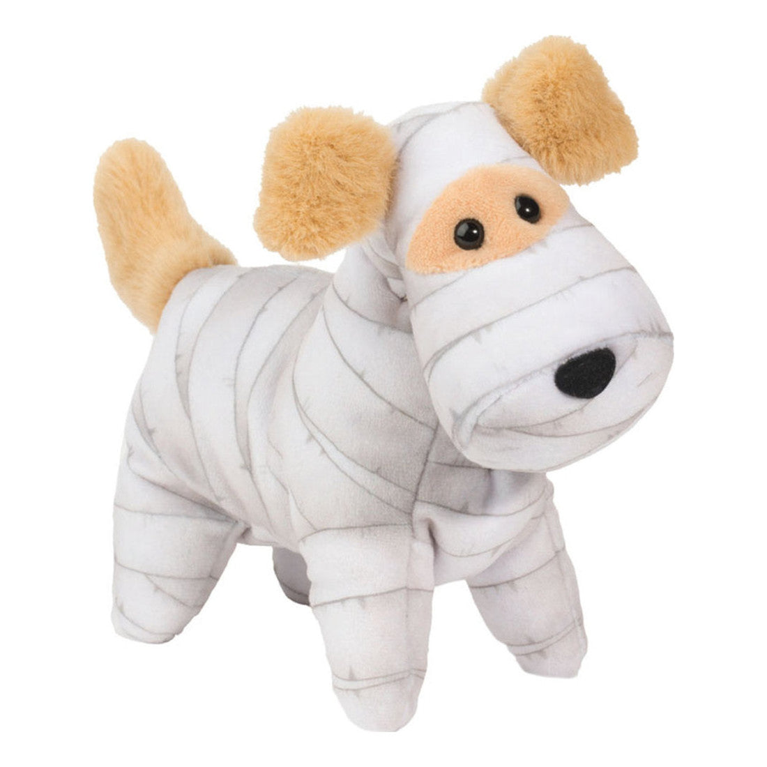 Das ist ein Mumienhund von Douglas Cuddle Toys. Kleiner stehender Hund mit kurzem, dichtem, glattem Plüschfell mit leichtem Glanz. Das Fell ist weiß mit grauen, bandagenartigen Streifen um Kopf, Körper und Beine. Ohren, Schwanz und der Schnauzenfleck um die Augen sind beige, ebenso kurz und flauschig. Bauch und Pfoten sind weiß mit passenden grauen Streifen. Die Augen sind schwarz und rund, die Nase schwarz und oval. Der Ausdruck wirkt freundlich und neugierig.