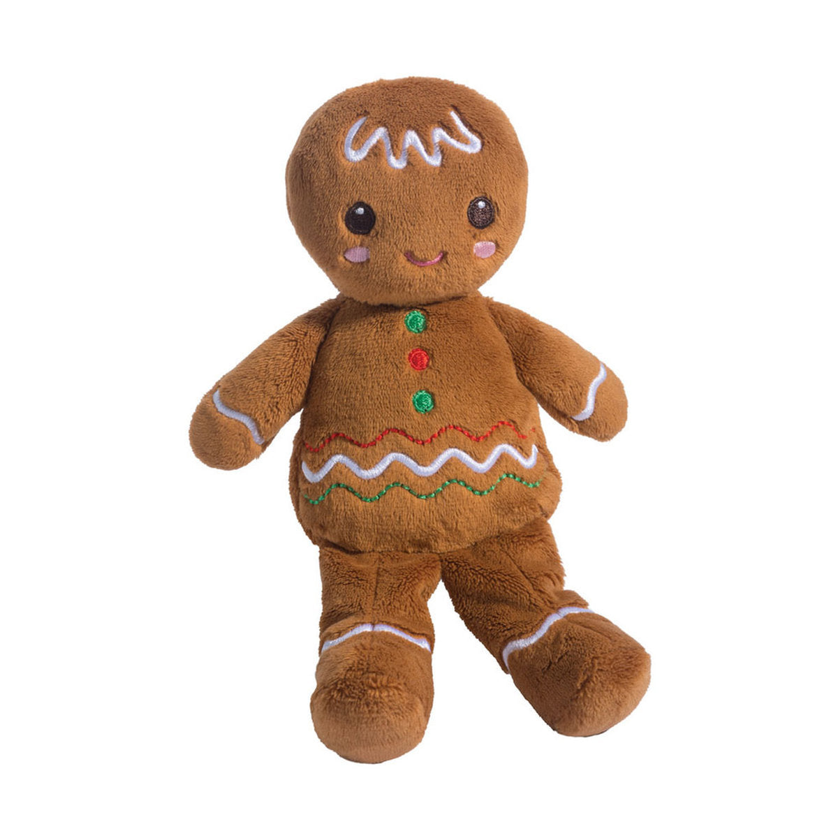 Das ist ein Lebkuchenjunge von Douglas Cuddle Toys. Er steht aufrecht und hat kurzes, dichtes braunes Fell, einen weißen Zickzack aus Zuckerguss auf der Stirn, große schwarze Augen mit kleinen Glanzpunkten, rosa gestickte Wangen und einen kleinen geschwungenen magentafarbenen Mund, eine Nase ist nicht zu sehen. An Armen und Beinen sitzen weiße Zuckergussstreifen, auf dem runden Bauch drei gestickte Knöpfe in Grün, Rot und Grün über gewellten Zuckergussreihen in Rot, Weiß und Grün. Der Ausdruck wirkt fr...